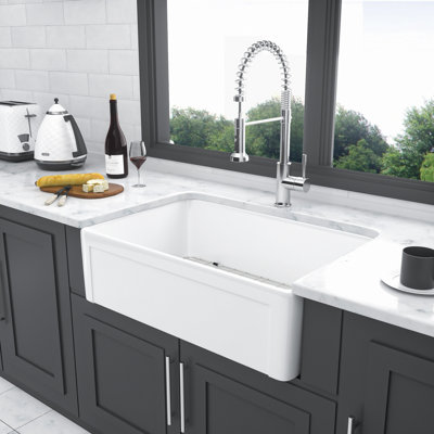 White Farmhouse Sink, 30" Kitchen Sink Apron-Front White Ceramic Reversible Single Bowl Kitchen Farm Sinks