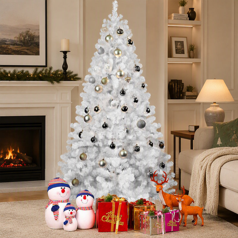 Sapin de Noël blanc de 1,5 m avec fil à mémoire de forme, 498 branches articulées, en PVC, montage facile pour la décoration intérieure des fêtes.