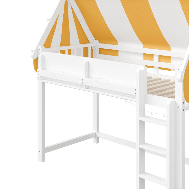 Lit mezzanine simple avec auvent, lumières à DEL et bibliothèque, blanc, Blanc