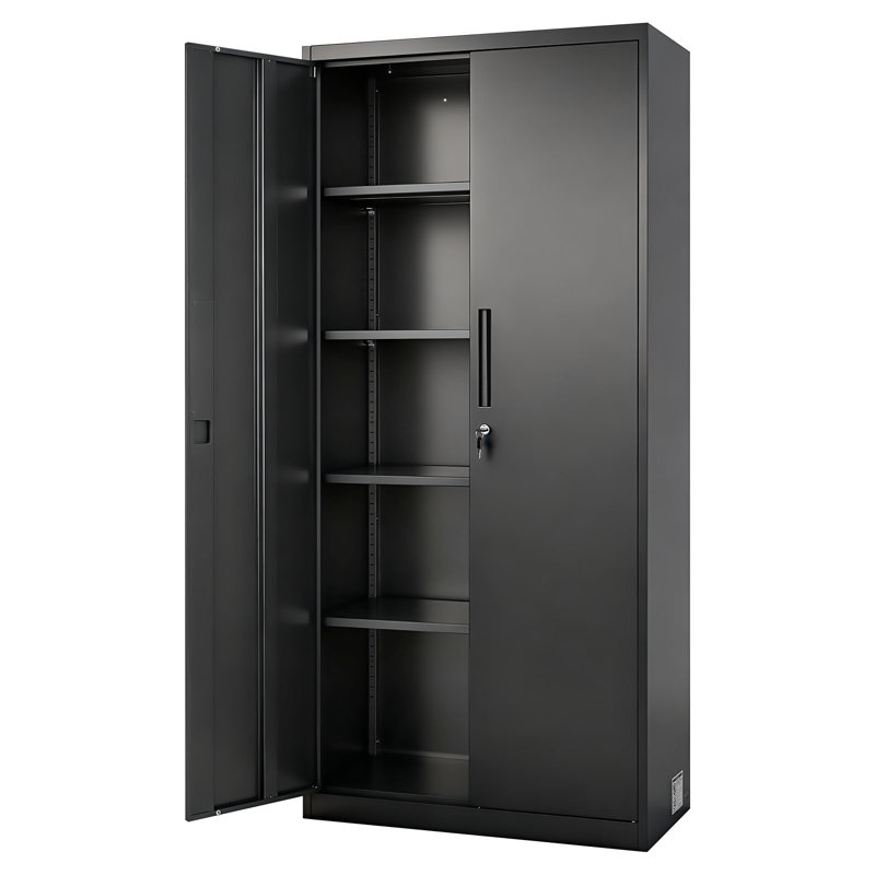 Metal Storage Cabinet, 68.9 in Lockable Steel Garage Cabinet with 4 Adjustable Shelves, 2 Magnetic Doors, 2 Keys, 5 Tiers Tool Storage for Pantry, Warehouse, Basement, Laundry, Office, Black