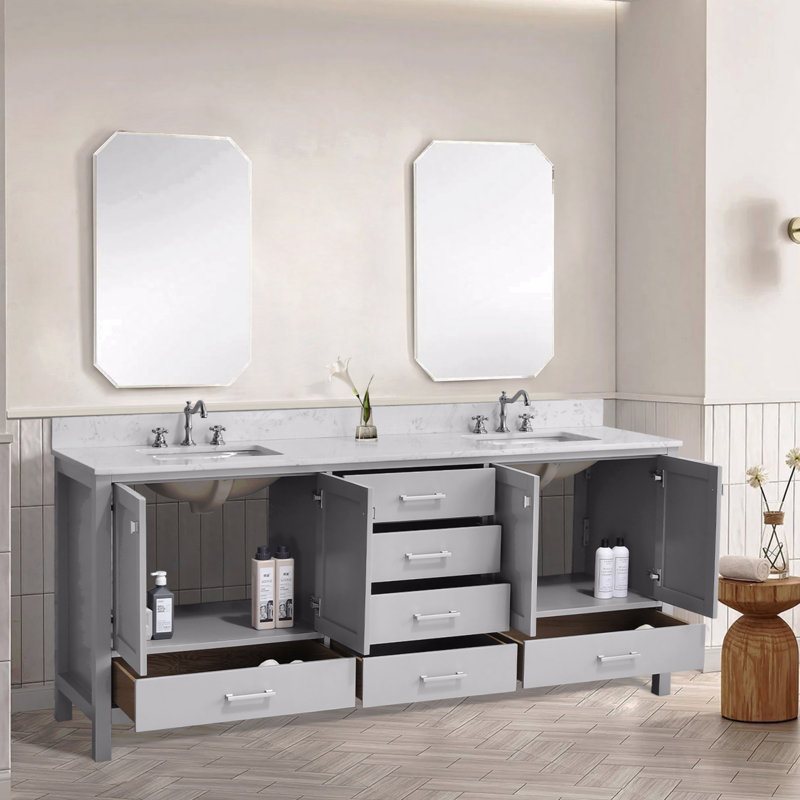 Meuble-lavabo autoportant à double cuve avec comptoir, armoire de rangement en bois massif, Gris, 84"
