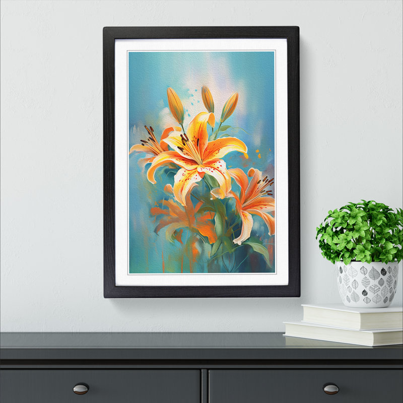 Lily Flower Impressionism No.2 - Single Picture Frame Print on Wood, 46cm H x 34cm W x 2cm D, Black Framed