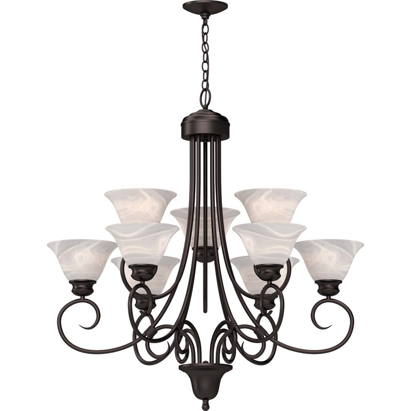 Lustre suspendu 9 lumières à niveaux Sawyer V2539 Troy, Bronze antique