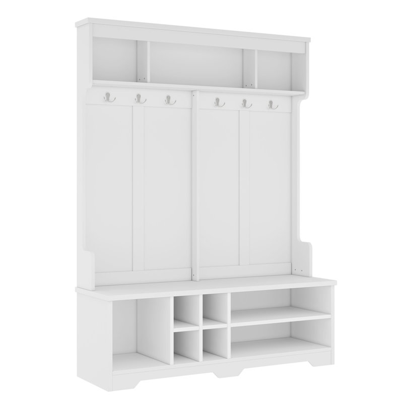 Modern White Hall Tree With 6 Metal Hooks - 3 Top Dividers & Shoe Storage For Entryway, White