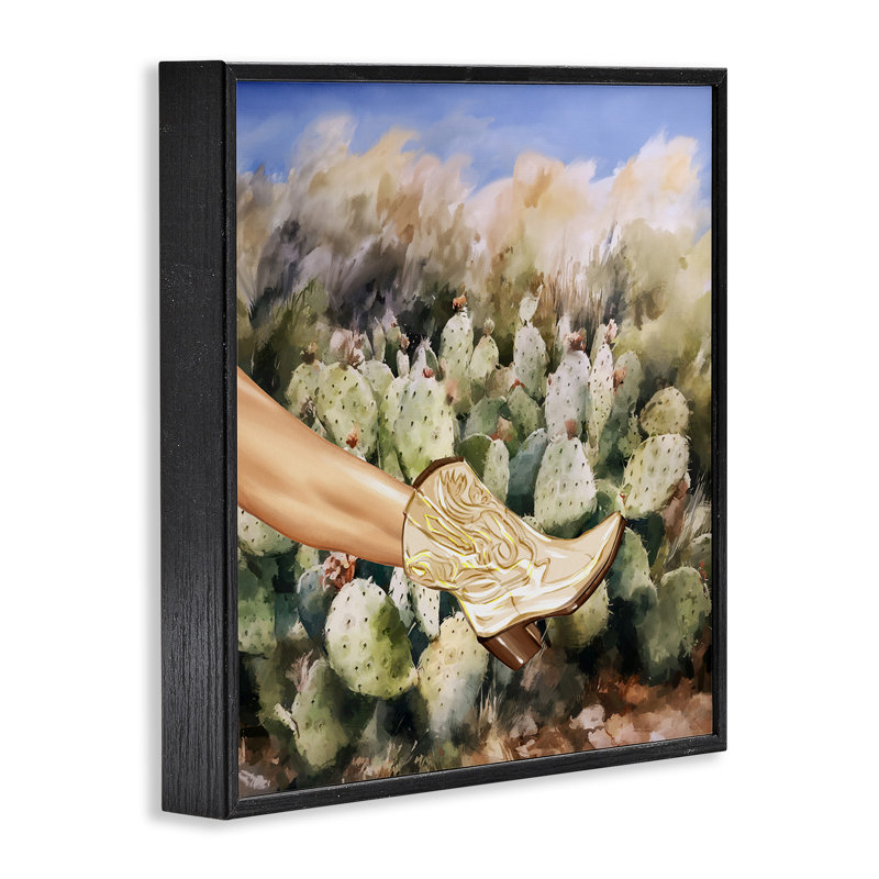 " Cowgirl Boot & Cactus " by Ziwei Li, Midnight Black Framed Giclee, 12" H x 12" W x 1.5" D