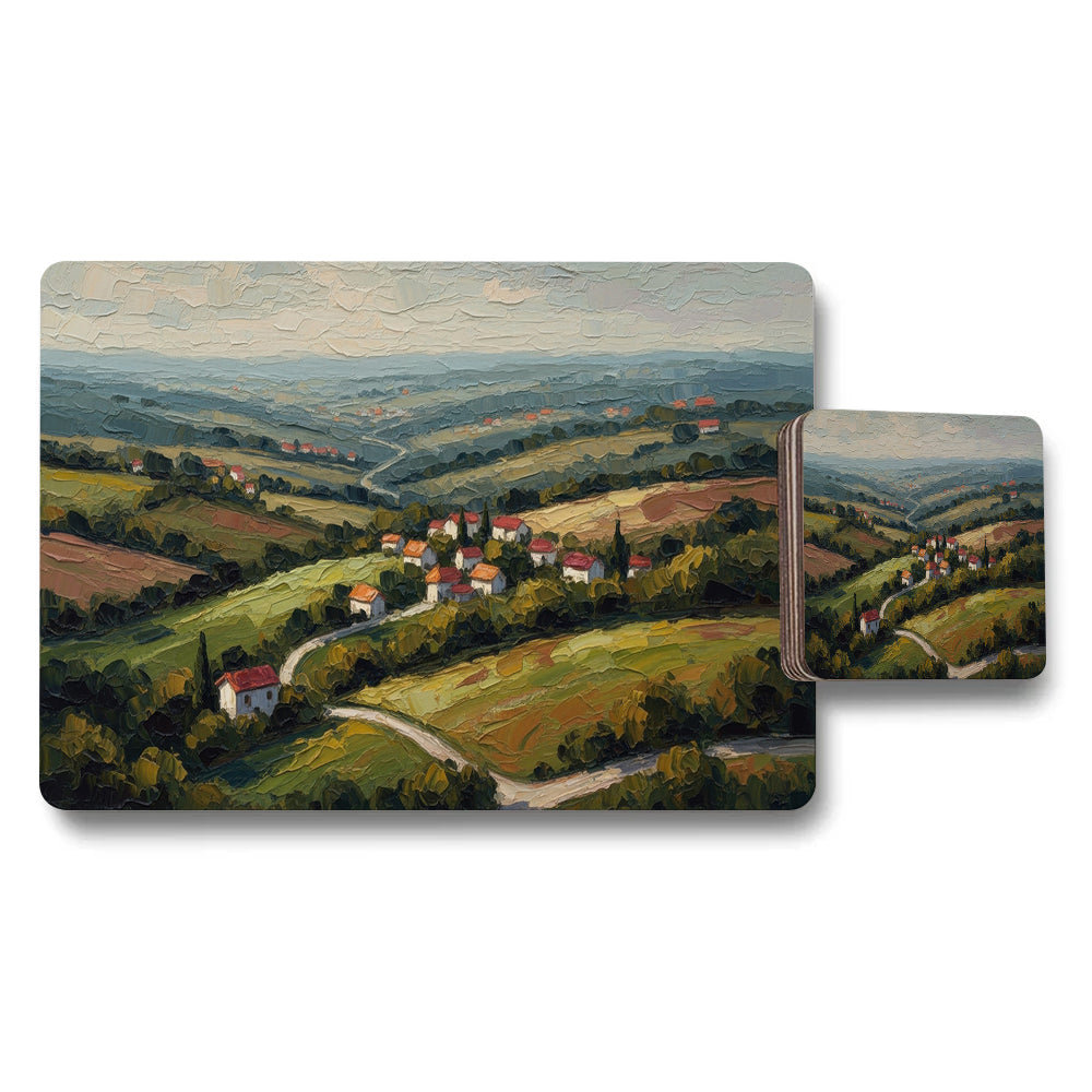 Scenic Landscape Placemats And Coasters Set With Village Hills Scene