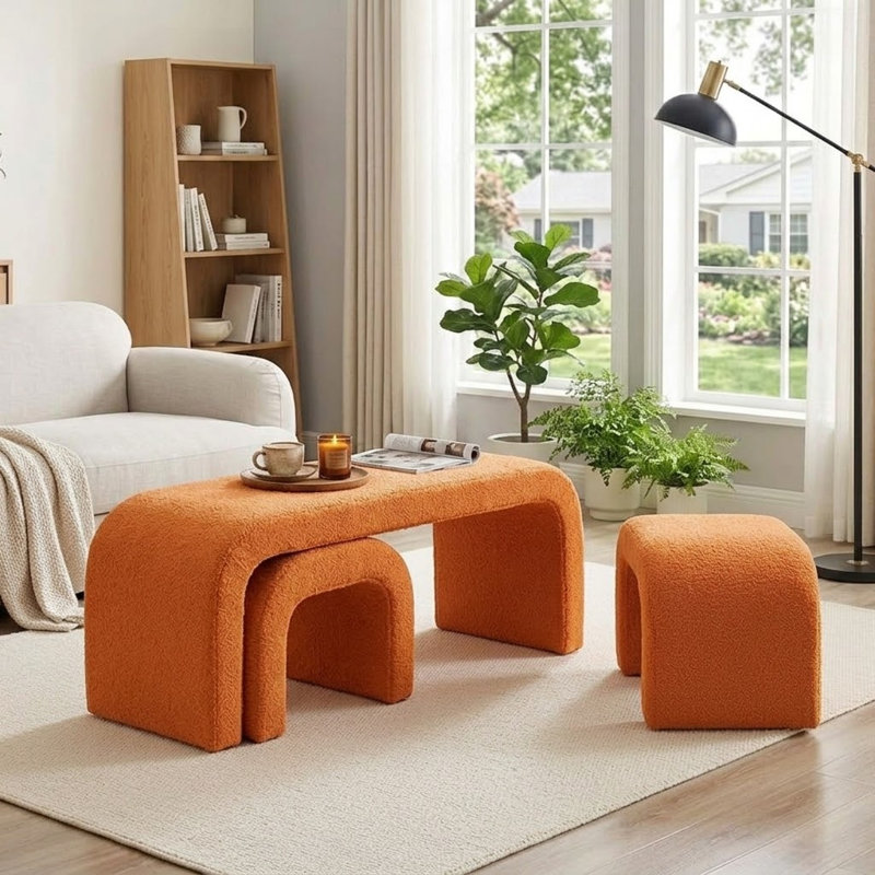 Ensemble de 3 bancs et repose-pieds rembourrés Modern Teddy pour chambre à coucher et salon, Orange