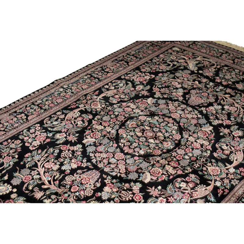 Tapis noir / blanc / rose noué à la main de haute qualité
