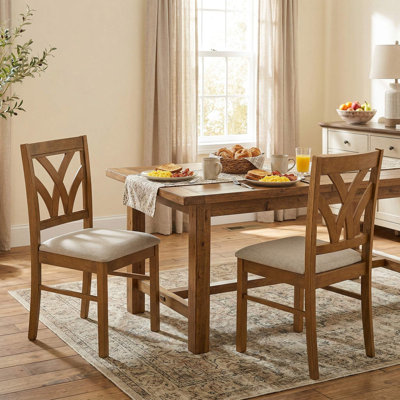 Set Of 2 Farmhouse Rustic Solid Wood Upholstered Dining Side Chairs, Ergonomic Decorative Hollowed Curved Backrest & High-Resilience Soft Padded Breathable Linen Seat