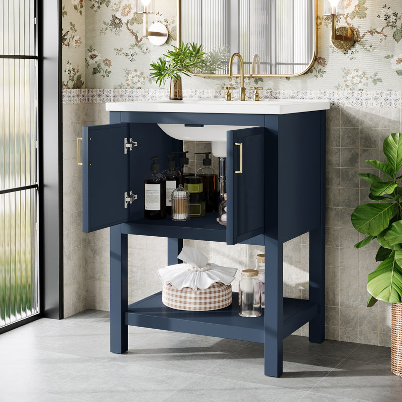 24''  Single Bathroom Vanity With Ceramic Top, Solid Wood Frame Freestanding Vanity with Door Organizer, Blue/Gold, 2, 24"