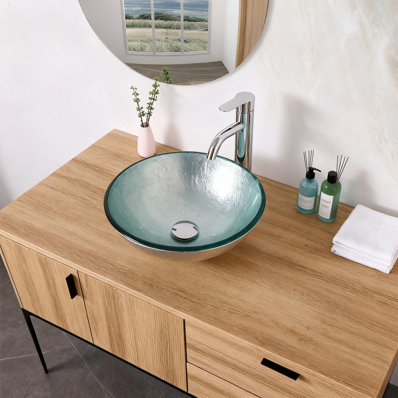 Tempered Glass Vessel Bathroom Sink With Pop-Up Drain, Artistic Silver Design | Gift Idea
