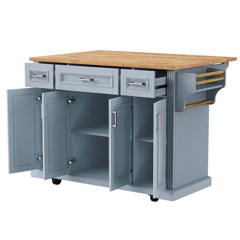 Fancy & Rustic Large Kitchen Island With Rubber Wood Drop Leaf - Embossed Texture Rolling Kitchen Cart With Ample Storage