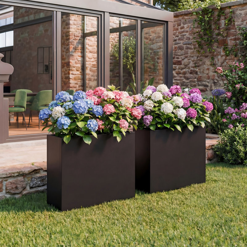 38" L × 13" W × 30" H Black Rectangular Metal Planter Box (with Drainage Holes and Adjustable Shelf) — All-Weather Outdoor Plant Container for Patio, Courtyard, or Balcony
