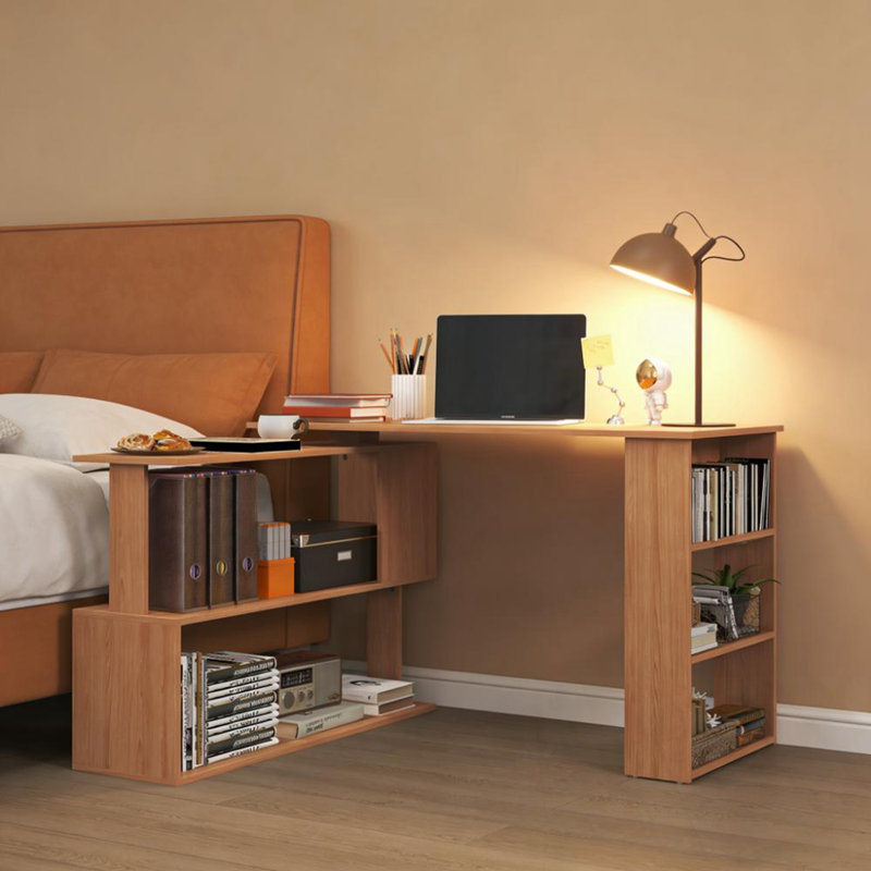 L Shaped Corner Computer Panissidi with open shelves, Brown