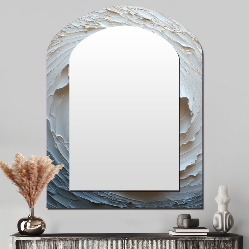 Beige And Whitee Sunrise Abstract Waves II - Abstract Spirals Asymmetrical Large Wall Mirror, Gold Freeform Decorative Mirror, Printed Metal Art