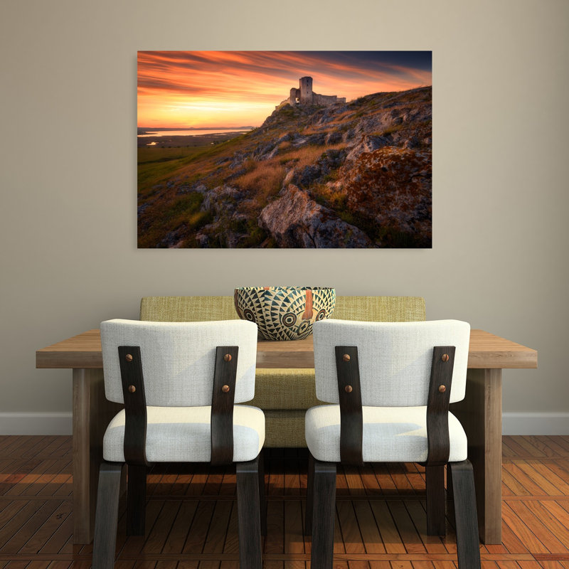 Ruines de château au coucher du soleil doré - Paysage de montagne romantique et paisible - Affiche murale, H 32 po x l 48 po