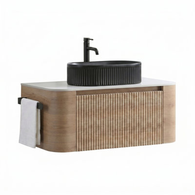 Meuble-lavabo Erba de 36 po avec lavabo, armoire murale en chêne miel avec porte-serviettes gratuit, lavabo simple en céramique rayé ovale noir, sans drain et robinet, pré-assemblé