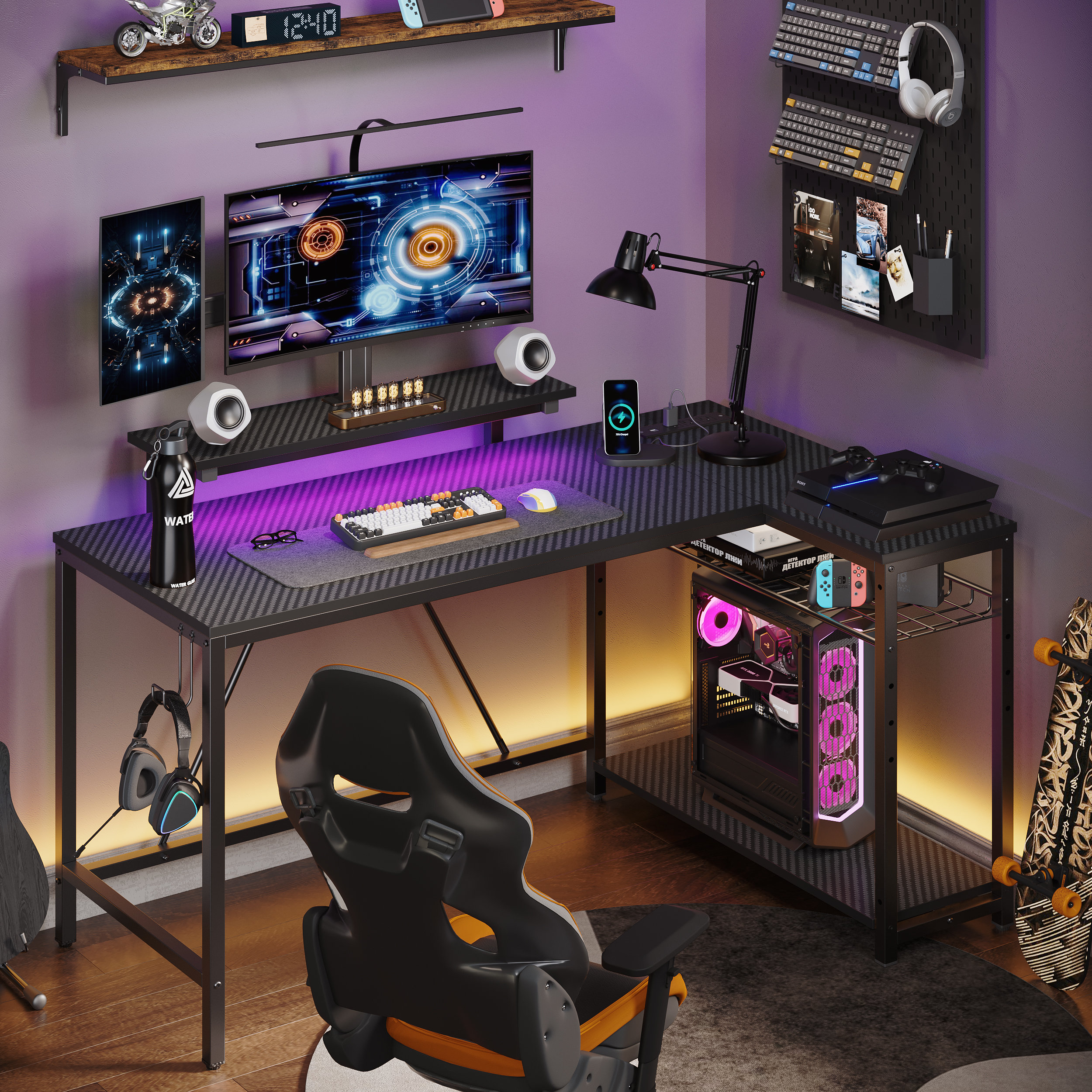 Inbox Zero Nedyo 52'' W L-Shaped Computer Desk with Power Outlet, LED