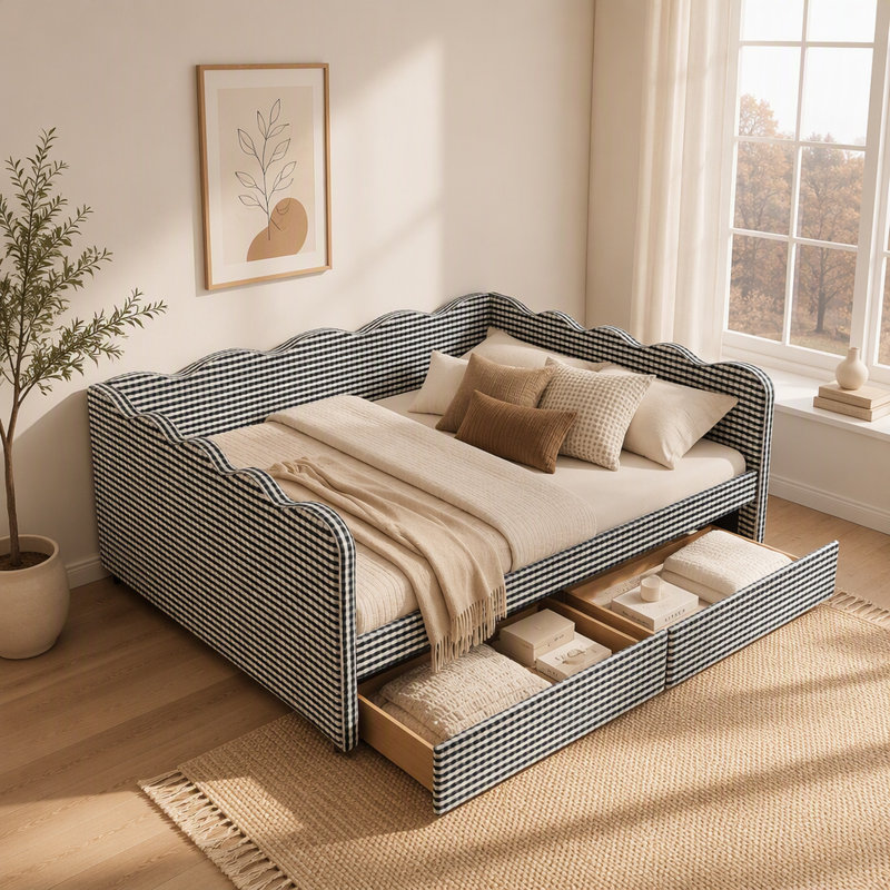 Queen Size Cozy Gingham Daybed with Two Storage Drawers, USB Port, and Wave Shaped Design, Green