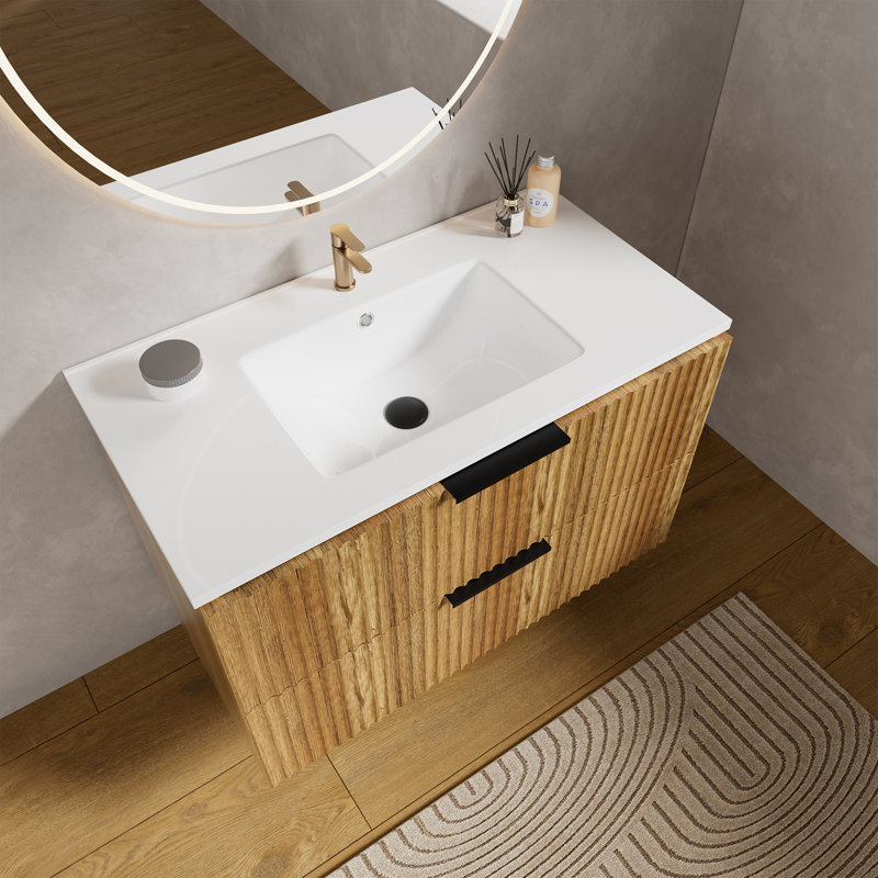 30" & 36" Wall-Mounted Floating Single Bathroom Vanity Set With White Integrated Ceramic Sink And Vertical Fluted Drawers (Hardware Included)