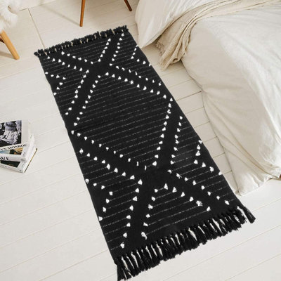 2 feet x 4.3 feet with tassels, Moroccan cotton carpet for bathroom, kitchen, entrance laundry room corridor black