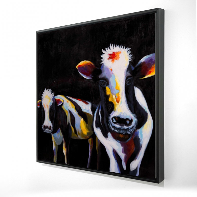 Deux vaches amusantes, toile encadrée - Blanc, décoration intérieure contemporaine, H 25,25 po x l 25,25 po