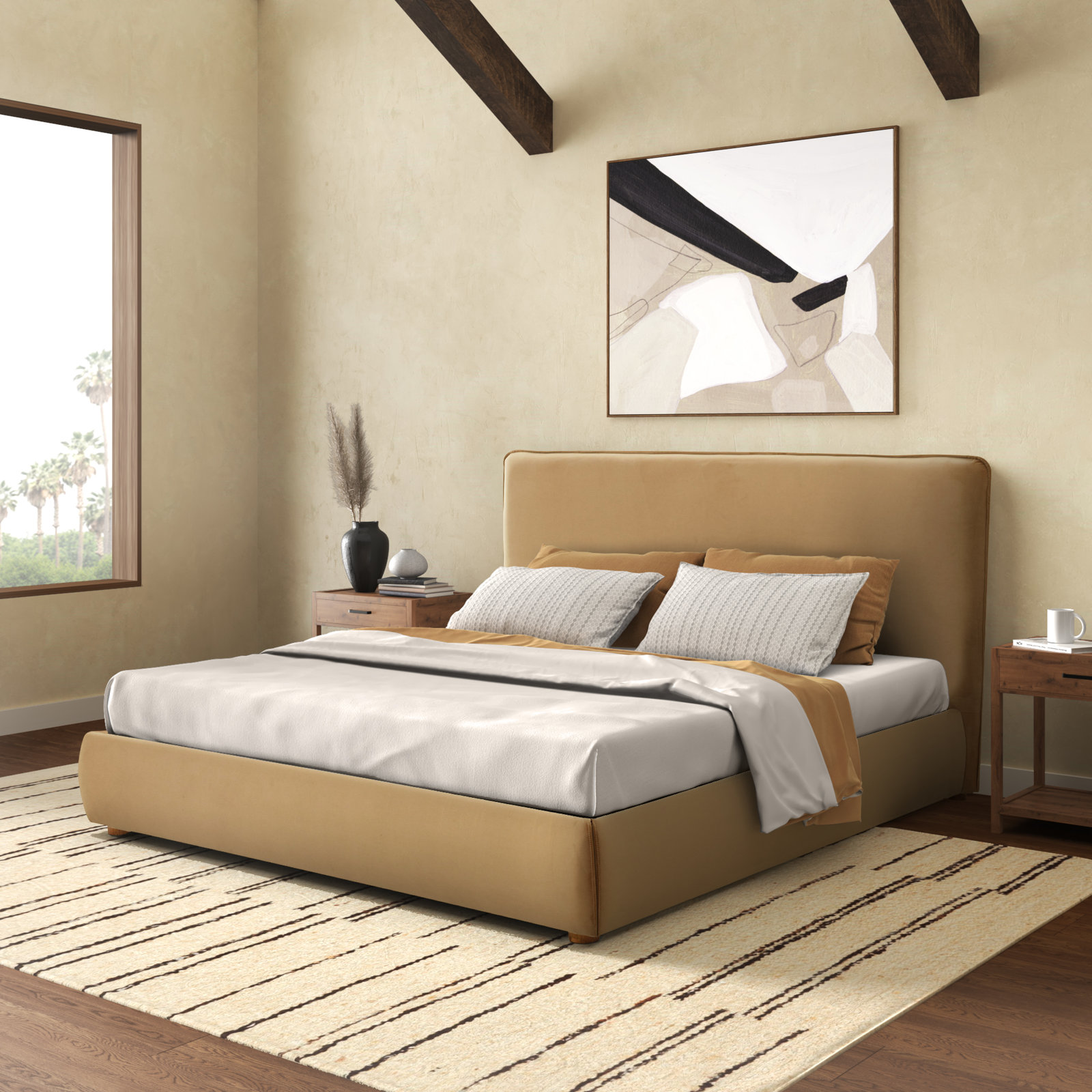 Callahan Linen Upholstered Bed, Queen, Light Brown Velvet