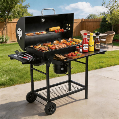 Barbecue au charbon extérieur de style baril avec table d'appoint, combinant les fonctions de grillage et de fumage, convenant à la cour, au patio, au camping et aux pique-niques. Noir