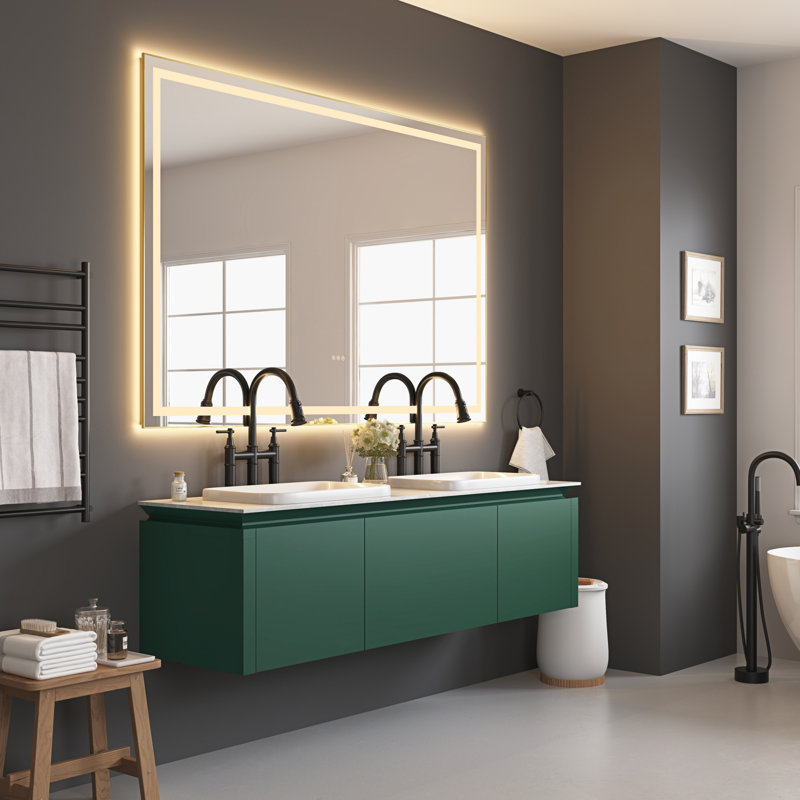 Miroir de salle de bain 72 po x 48 po à DEL avec façade et rétroéclairage, miroir de meuble-lavabo mural avec cadre en aluminium, antibuée, mémoire, 3 couleurs, gradation continue