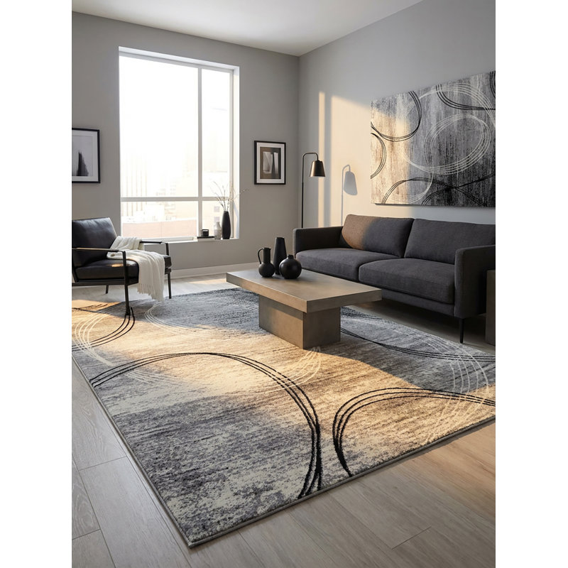Tapis gris à motif abstrait Dillup-Jones, Rectangle 6 pi 6 po x 9 pi 4 po