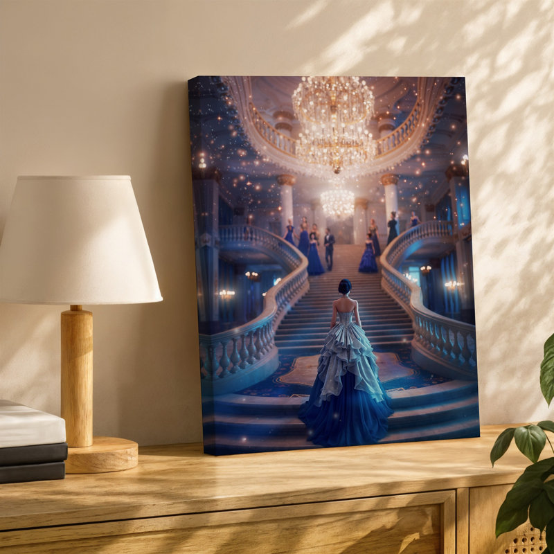 Toile, "Grand Opulent Ballroom Scene Illuminated By Shimmering Chandeliers Casting", art lueur dorée sur l'espace