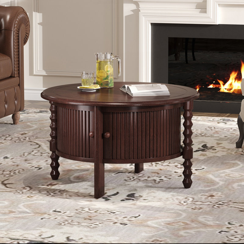 Table basse ronde avec rangement de 30,3 po pour le salon, Noyer