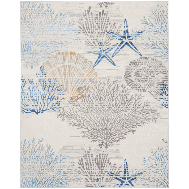 Tapis ivoire / bleu Lilyanna, Rectangle 7 pi 10 po x 9 pi 10 po