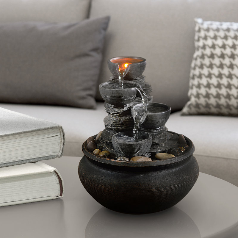 Stone Gray 4-Tier Tabletop Fountain with LED Lights