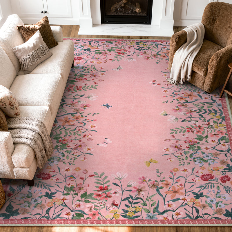    Floral Vintage Washable Pink 8X10 Area Rug with Non Slip Backing - Low Pile Durable Carpet for Living Room, Bedroom, Dining Room or Office Decor