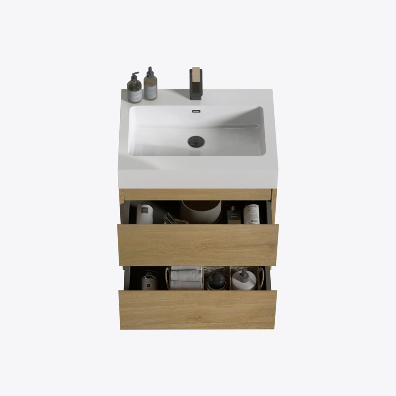 Meuble-lavabo mural 24 po en chêne naturel avec lavabo, grand meuble-lavabo mural flottant pour salle de bain moderne, lavabo une pièce blanc brillant sans bonde ni fauve