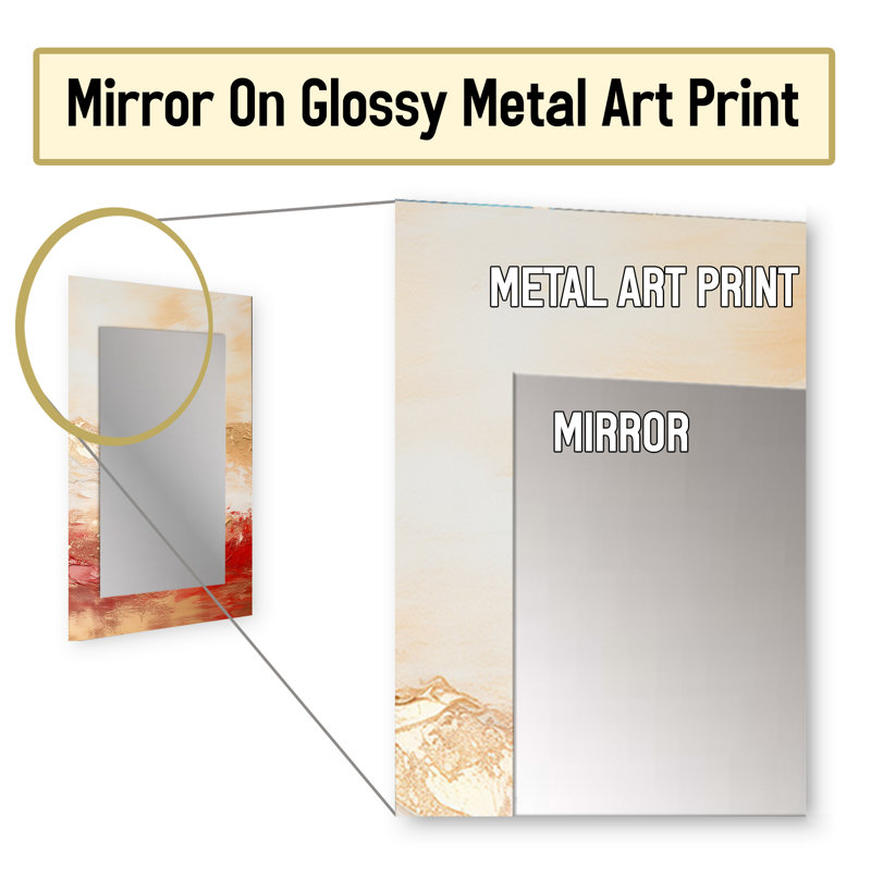 Or et rouge Soft Wave Fusion I - miroir décoratif de formes abstraites, miroir mural moderne, impression d'art en métal
