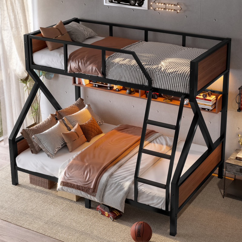 Lit superposé simple au-dessus d'un lit double en métal avec tablettes de rangement et lumières DEL, peu encombrant, silencieux, noir
