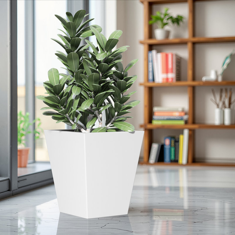 Tall Metal Tapered Planter – Large Outdoor & Indoor Garden Plant Pot With Drainage Hole And Rubber Plug, White