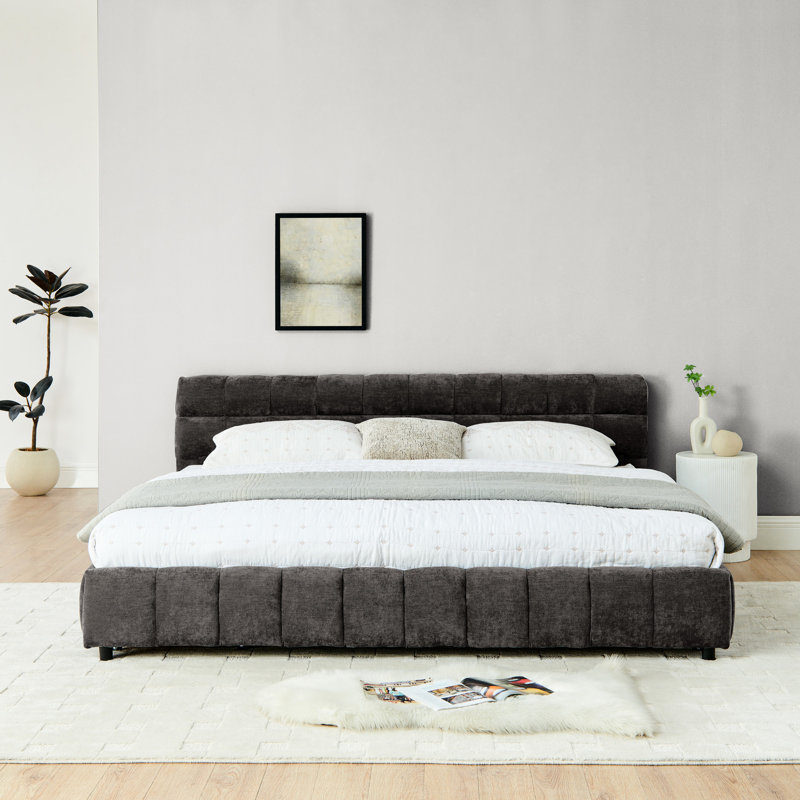 Lit moderne très grand avec revêtement en chenille et tiroir de rangement polyvalent - éléments rembourrés gris foncé