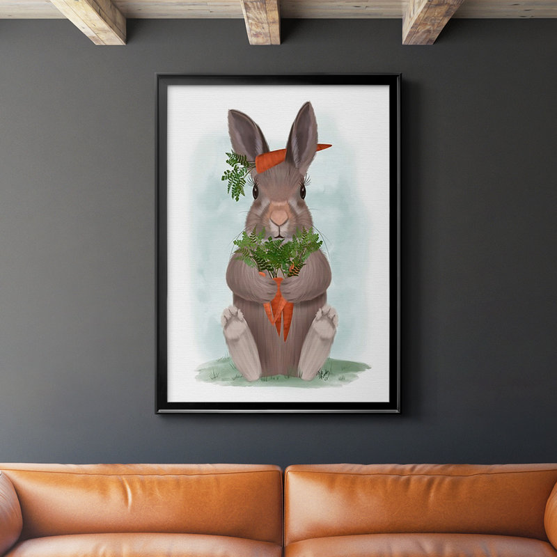 Lapin, carotte, étreinte sur papier, H 42,5 po x l 30,5 po x P 1 po, Cadre noir