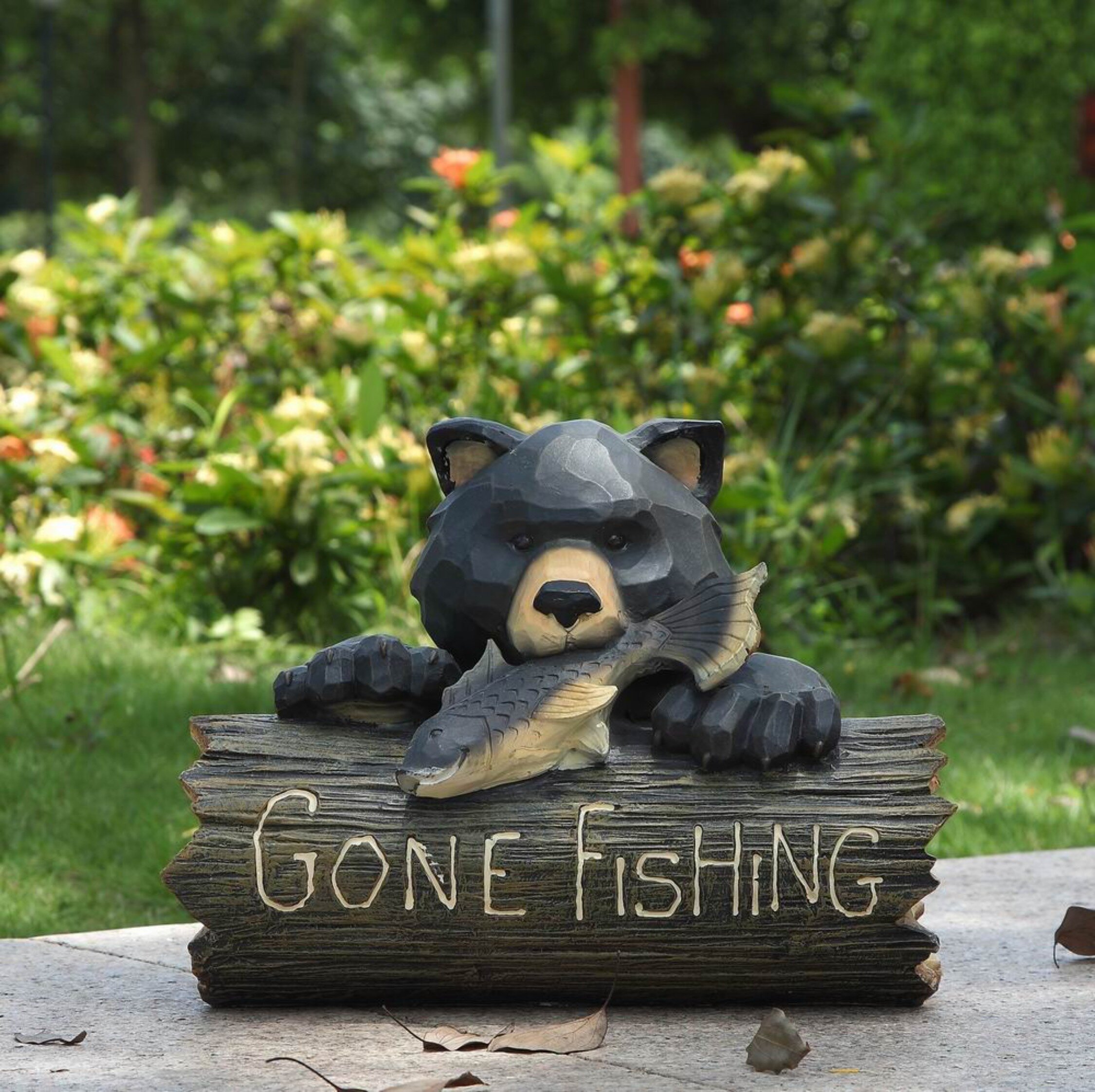  Bear with Gone Fishing Sign Natural Black 4 x 4 Resin Stone  Figurine : Home & Kitchen