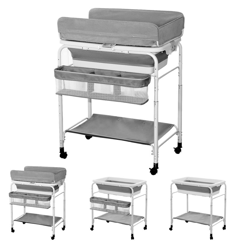 Foldable Baby Changing Table Baby Tub with Wheels 5 Adjustment 32.6-37.4"H for Infant and Newborn