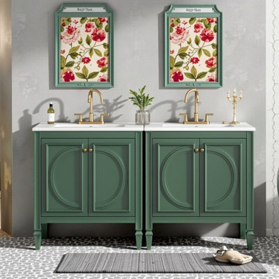 Ensemble de meuble-lavabo autoportant 60 po avec cadre en bois massif et panneau de fibres à densité moyenne, éviers en céramique 60 po