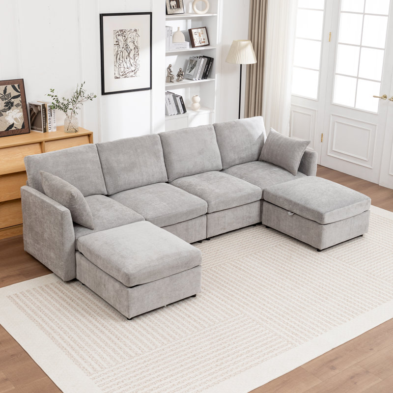 Canapé modulaire en U avec repose-pieds 6 pièces Wilroy, Gris