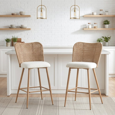 Rattan Counter Height Bar Stools,26inch-upholstered Boucle Fabric Barstools With Pe Rattan Cane Back, Wicker Bar Chairs Counter Stools For Kitchen Island,cream White Set Of 2