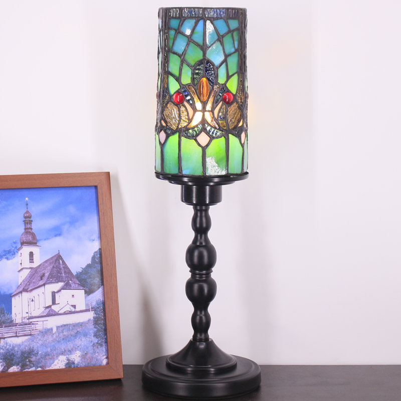 Small Tiffany Table Lamp Stained Glass Candlestick Style Table Light Green Liasion Style  4X15Inch
