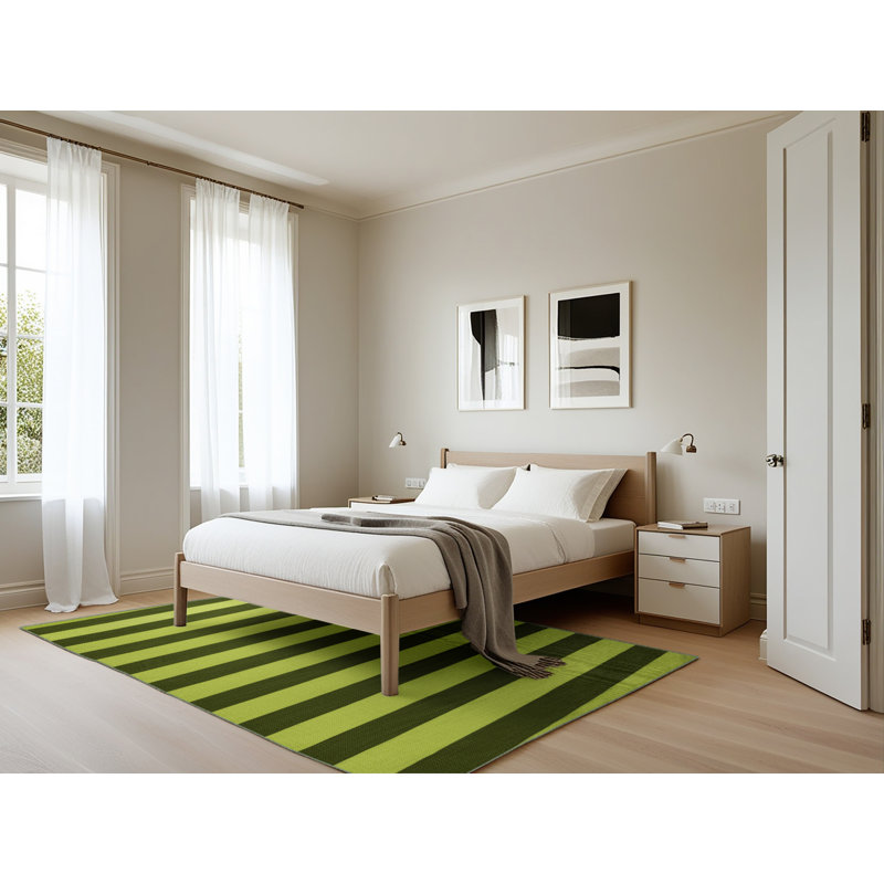 Machine Washable Horizontal Stripes Green Area Rug, Rectangle 5' x 7'
