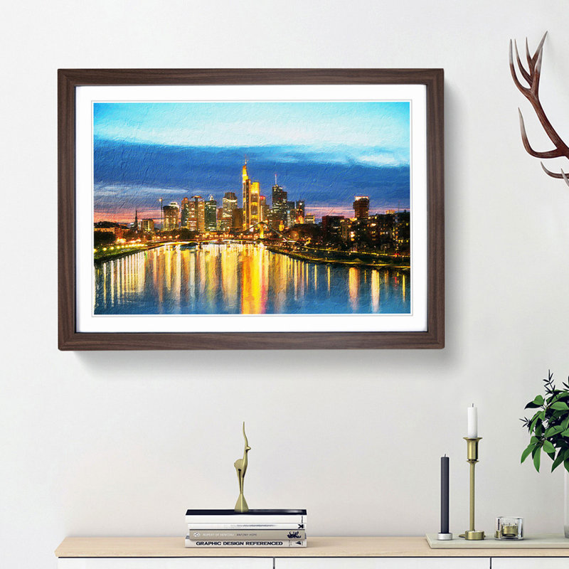 Reflections of the Frankfurt Skyline - Picture Frame Painting Print, 36cm H x 48cm W x 2cm D, Walnut Framed