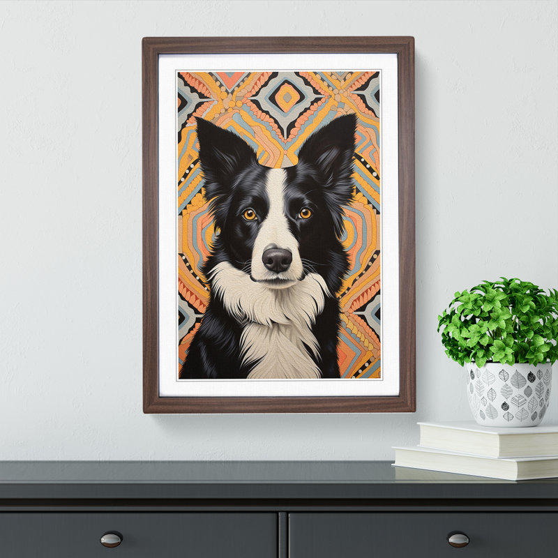 Border Collie Art Deco No.2 - Single Picture Frame Print on Wood, 64cm H x 46cm W x 2cm D, Walnut Framed